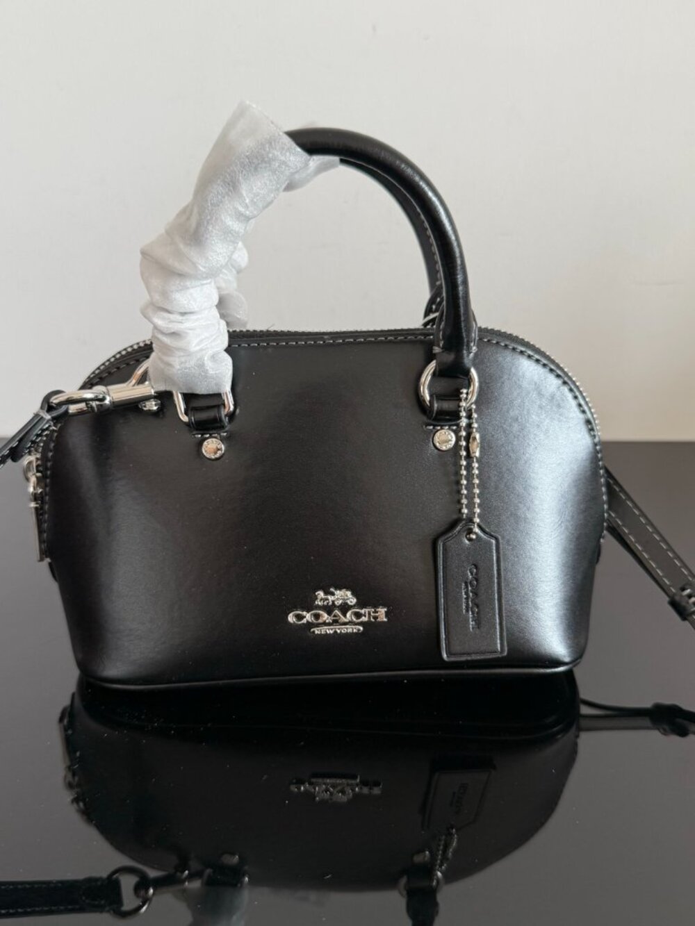 ✨Coach Black Mini Dome Satchel Smooth Leather Top Handle Crossbody Purse